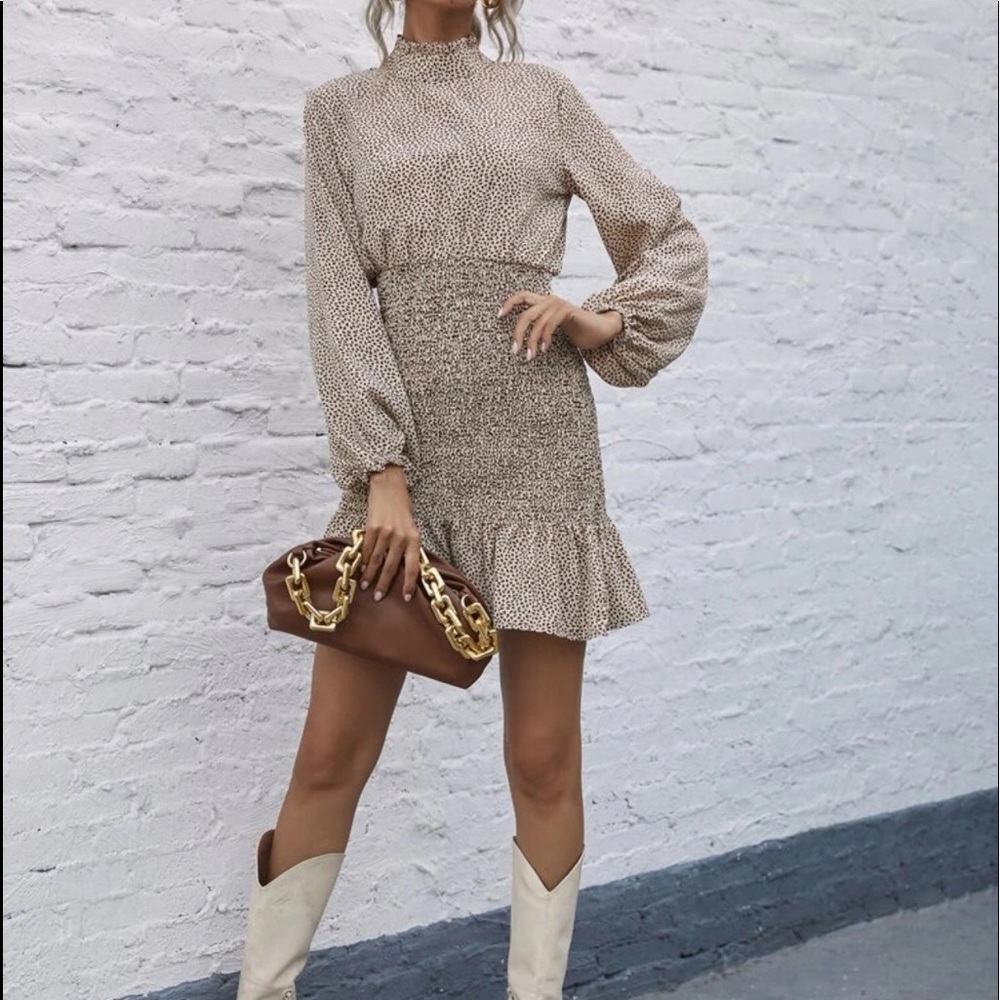 Lantern Sleeve Shirred Ruffle Hem Dress